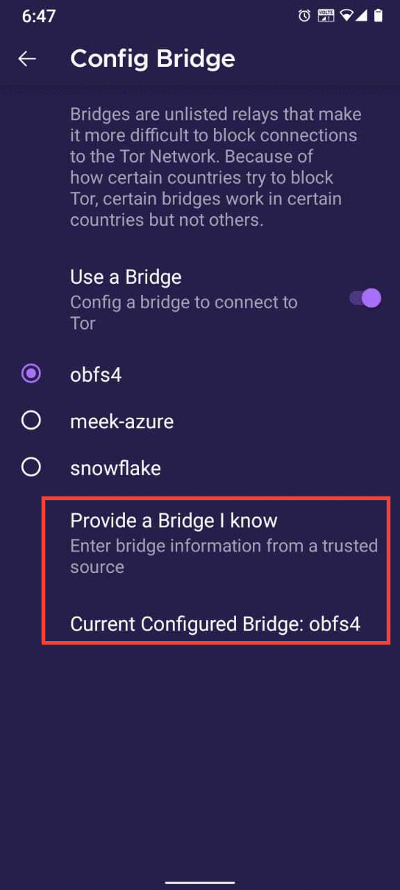 Híd biztosítása a Tor Browser for Andoid-ban