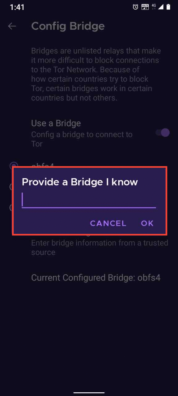 Proporcionar direcciones puente en el Navegador Tor para Android