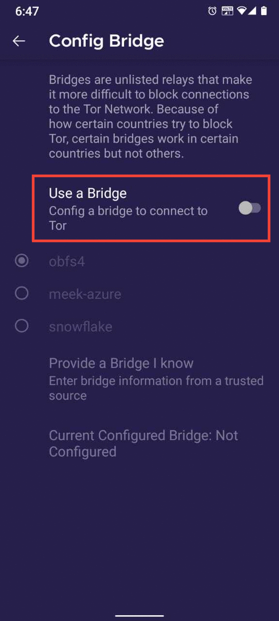 Híd kiválasztása a Tor Browser for Android-ban