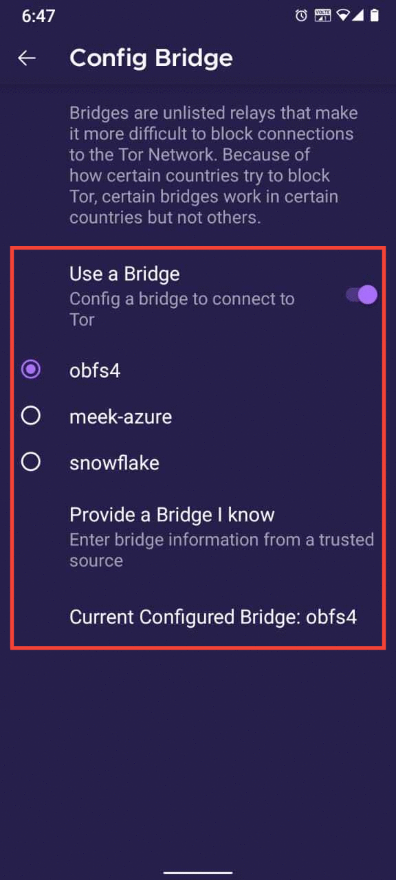 Kiválasztott híd a Tor Browser for Android-ban