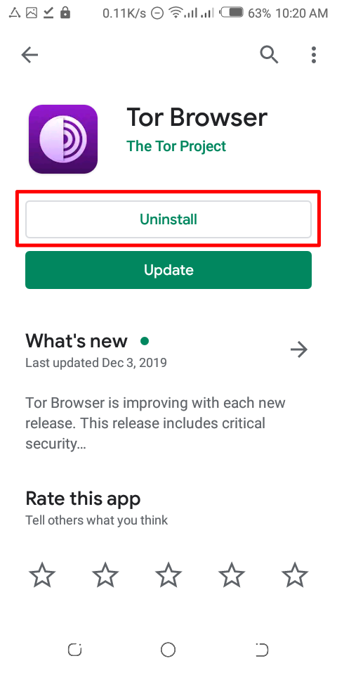 Desinstalando o Navegador Tor para Android no Google Play