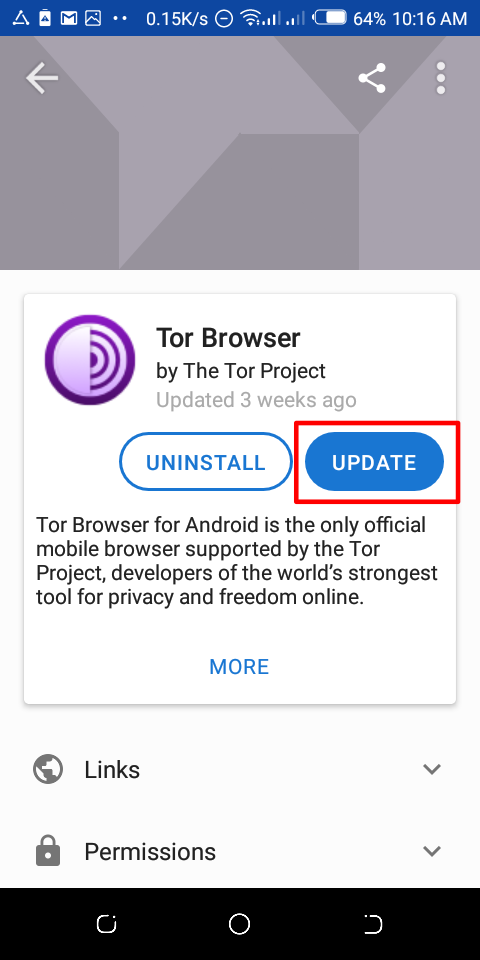 Uppfæra Tor-vafrann fyrir Android á F-Droid