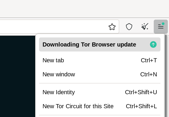 בחירת 'Restart to update Tor Browser' מתחת לתפריט הראשי